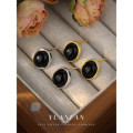 A40877 s925 sterling silver simple black agate stud vintage geometric earrings